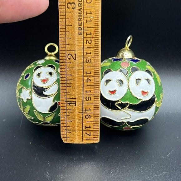 Cloisonne Panda Bamboo Round Ornaments 2” Raise Metal Enamel Green Set of 2 - Picture 8 of 8